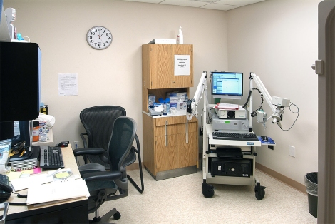 Compact modular healthcare room with computer workstation & medical equipment in Pedricktown, NJ