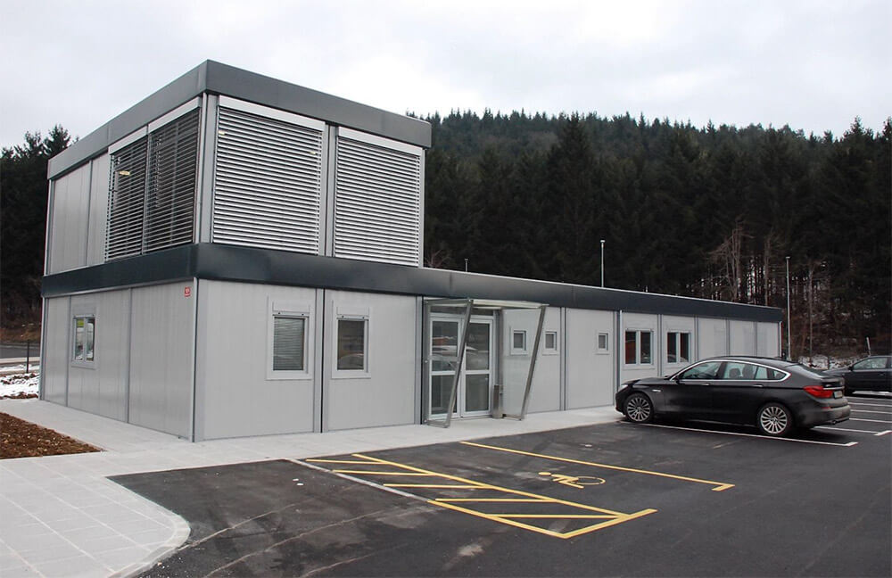 Modern MMS 160 Modular building with metal siding and a car parked in front in Pedricktown, NJ