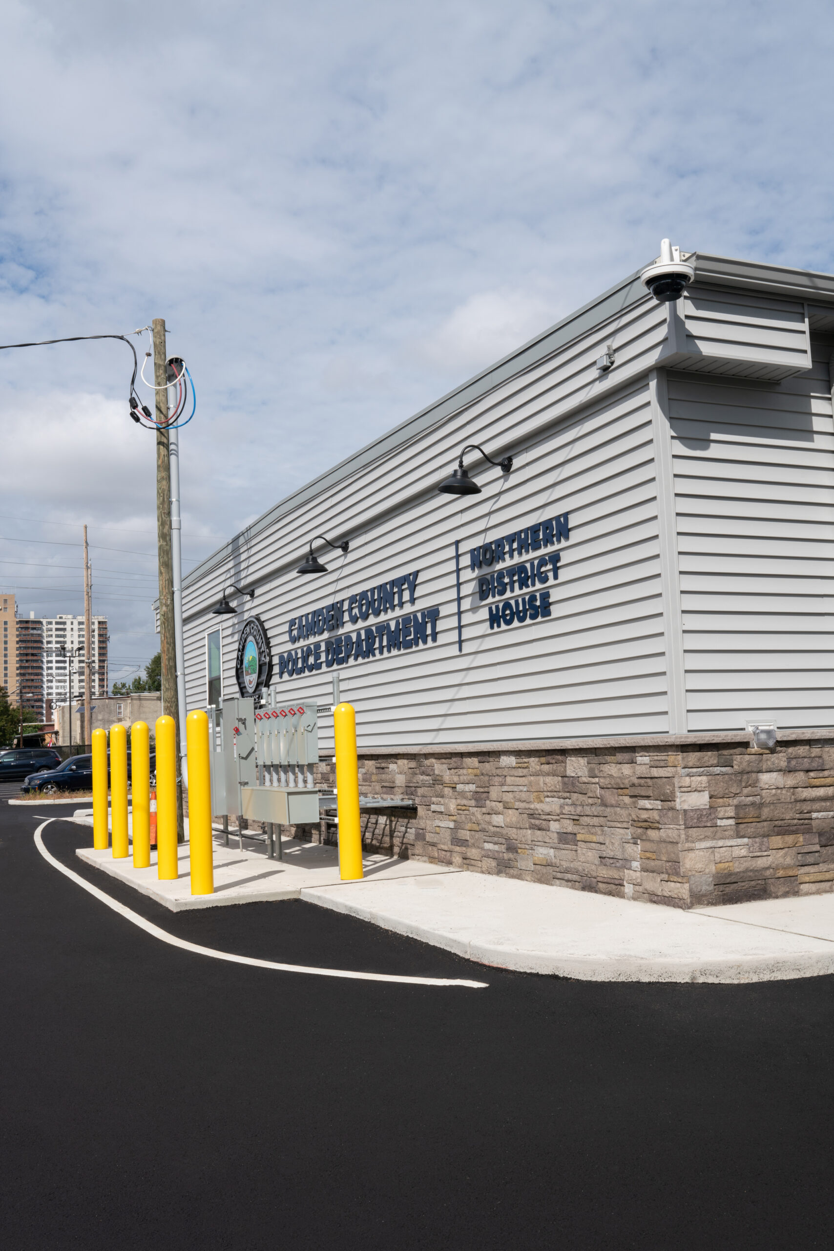 Safety bollards outside Modular Government Hudson County Police Department’s Northern District House